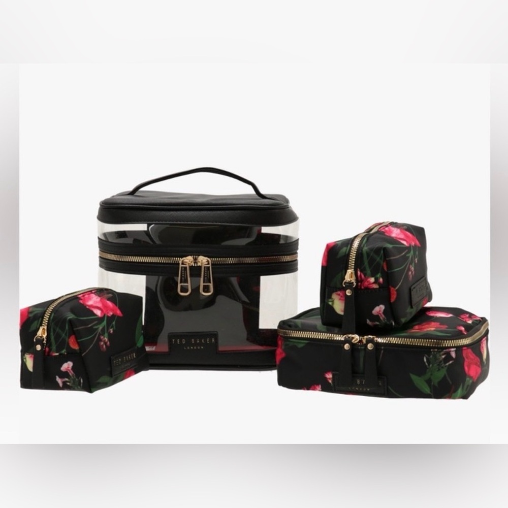 6 PC TED BAKER 4 COSMETICS BAGS MAKE-UP CASES 2 TRAVEL BOTTLES BLACK FLORAL NEW